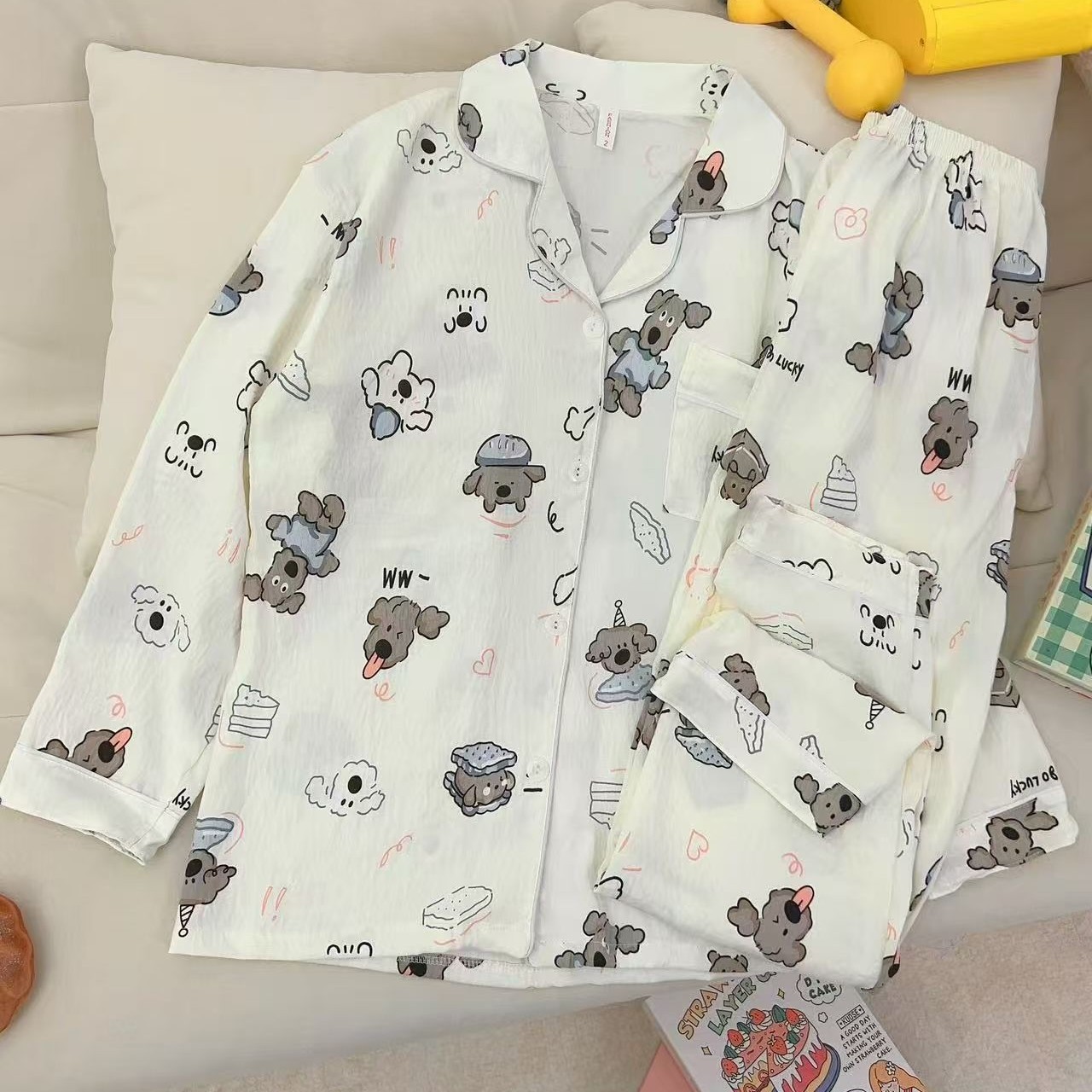 Vietnam transfronterizo al por mayor nube pijamas de algodón pantalones de manga larga para mujer primavera y otoño linda rebeca solapa dulce servicio a domicilio