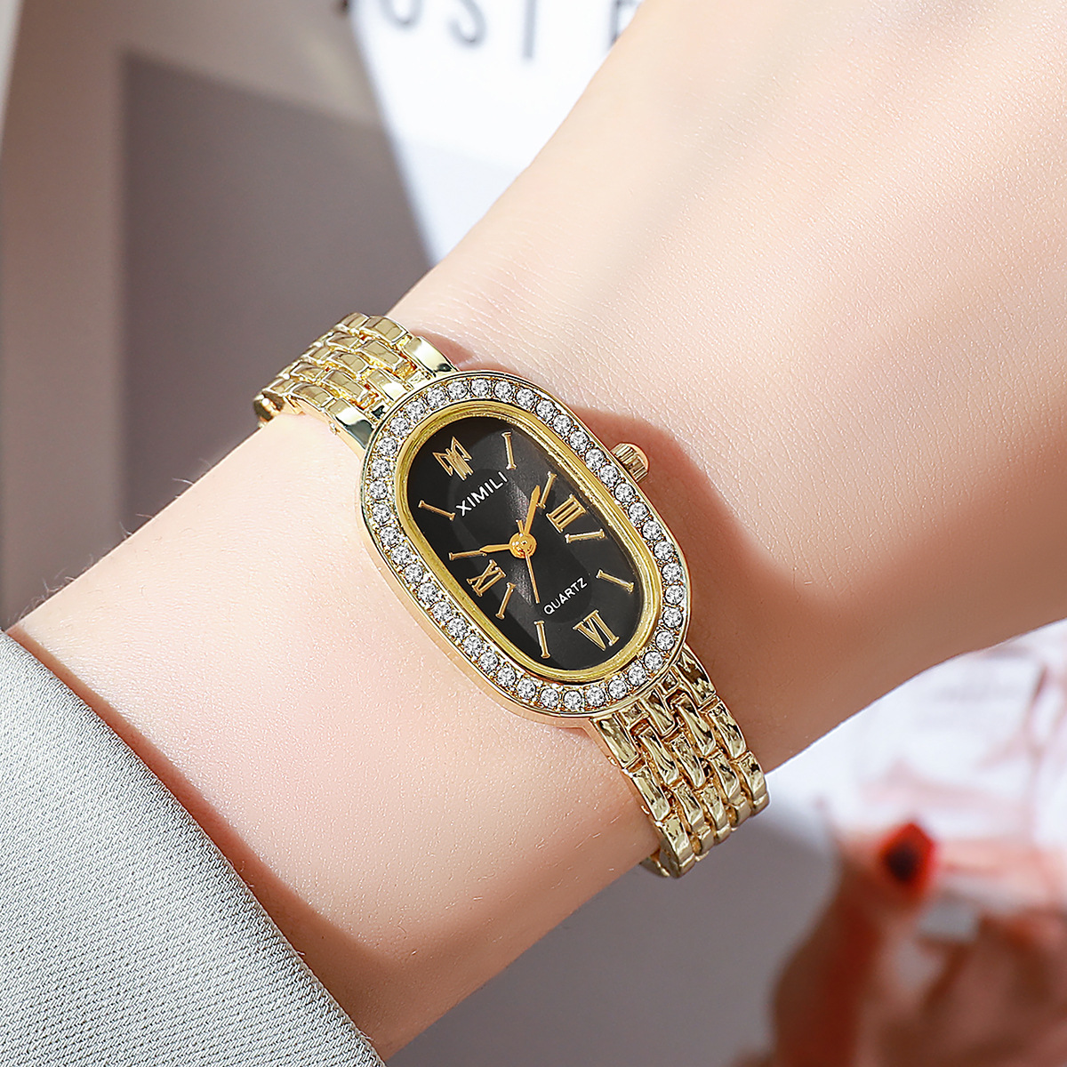 Foreign Trade New Style Simple Casual Fashion Oval Alloy Steel Band Diamond Bracelet Style Women's Quartz Decorative Watch