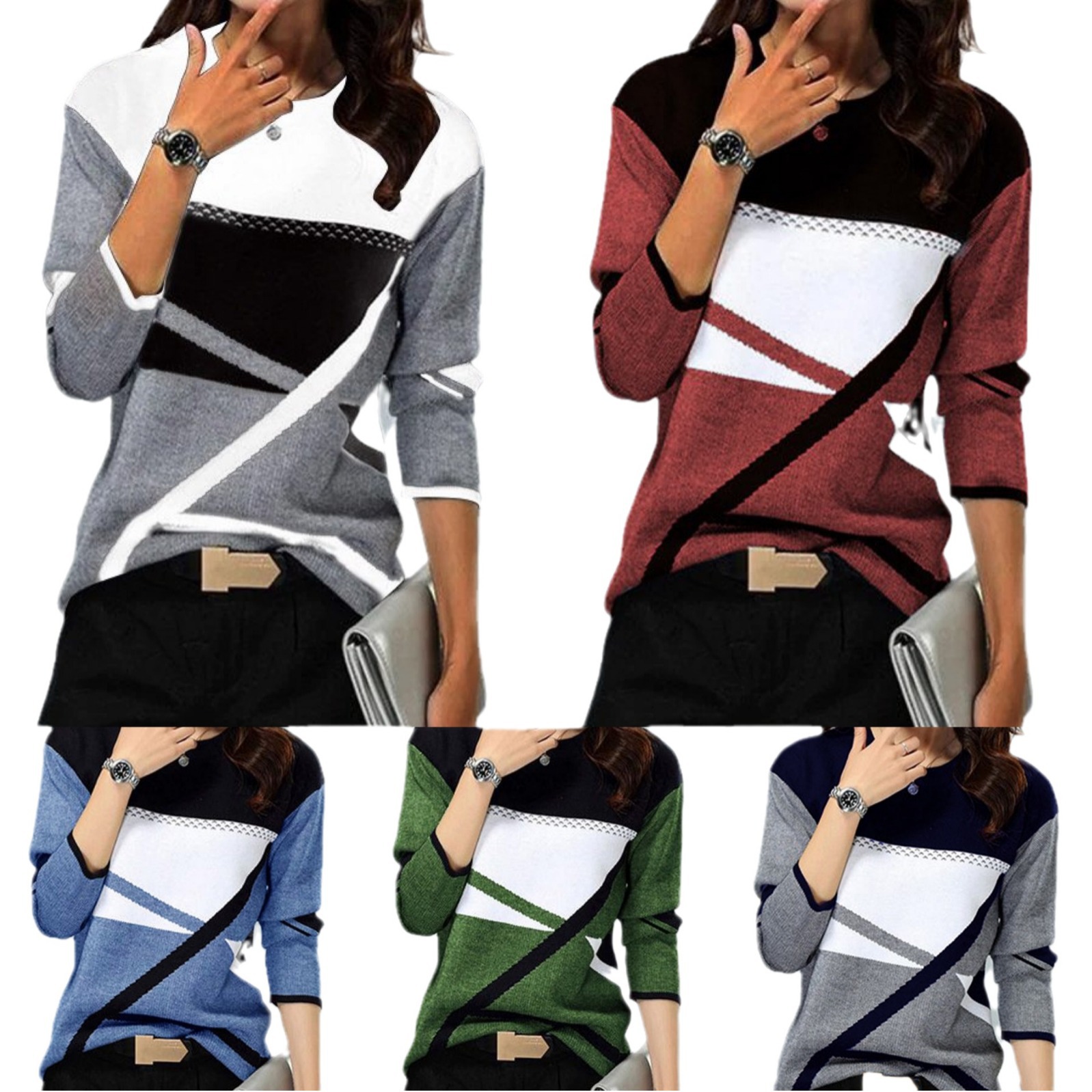 Ropa de mujer transfronteriza europea y americana compatible con varias plataformas, nueva camiseta de manga larga con cuello redondo y estampado de posicionamiento en contraste