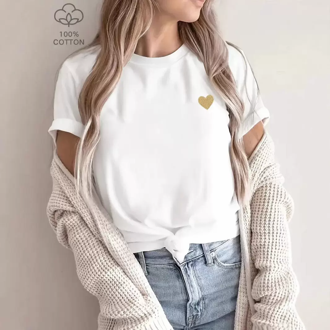 跨境 外贸电商100%棉金色爱心休闲女士夏季短袖T恤shein热卖新品
