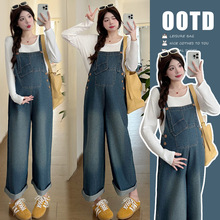 实拍百搭 2025春季新款孕妇装韩版休闲牛仔背带裤+莫代尔T套装