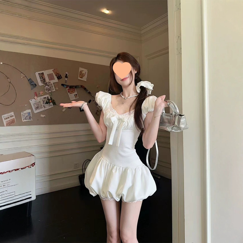Sweet Style White Lace-Up Puff Sleeve Dress for Women, Summer Elegant Slimming Floral Skirt, Short Skirt, A-Line Skirt, Trendy