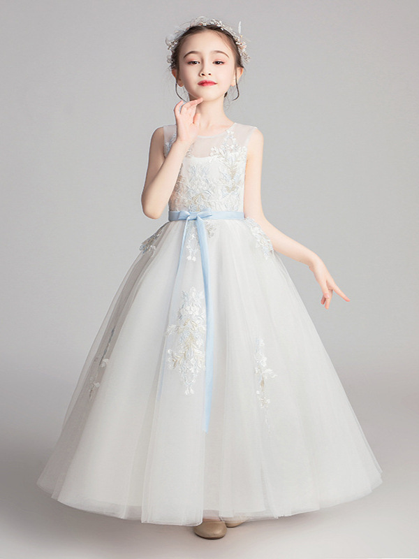 Vestido de princesa formal para niñas pequeñas, traje de actuación con ribetes de encaje, atuendo blanco largo para fiesta de cumpleaños infantil.