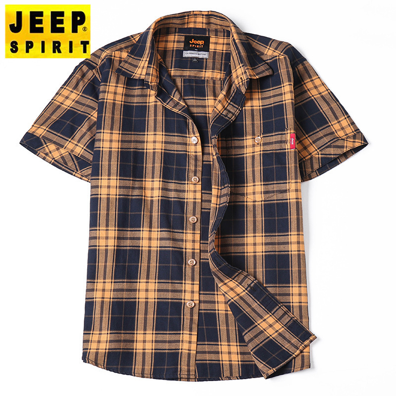Summer Men's Short-sleeved Shirt Pure Cotton Plaid Loose Casual Top Youth Lapel Fashionable Shirt Thin 2042