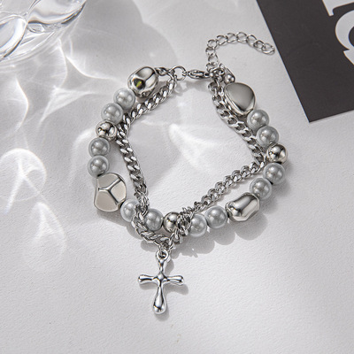 Korean double cross pearl bracelet female design feeling cold wind small adorn article hip-hop sweet cool wind hand string