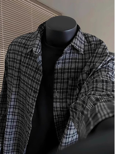 Retro Color-Block Plaid Shirt for Men—Autumn/Winter, American Style, High-End Tartan Base Shirt, Cleanfit Outerwear