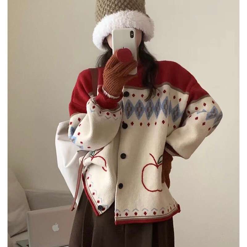 Plus Size Women's Christmas Style New Year Retro Jacquard Embroidered Knitted Cardigan Autumn and Winter Contrasting Color Curled Lazy Style Sweater