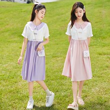 女童学院风连衣裙夏季古风盘扣儿童女孩假两件公主裙夏装洋气裙子