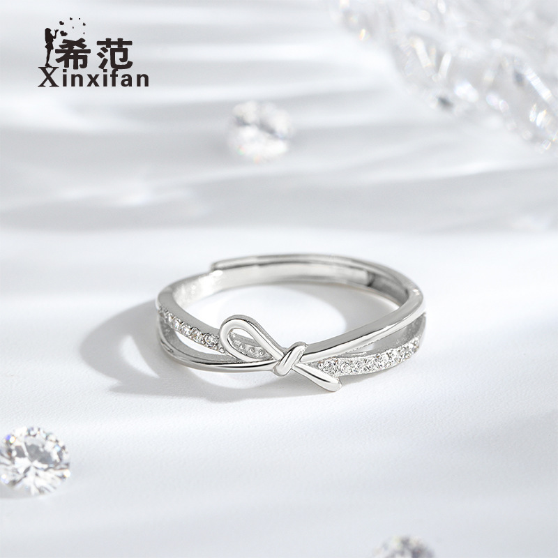 s925纯银绳结戒指女可调节ins简约双层镶钻个性打结小众开口指环