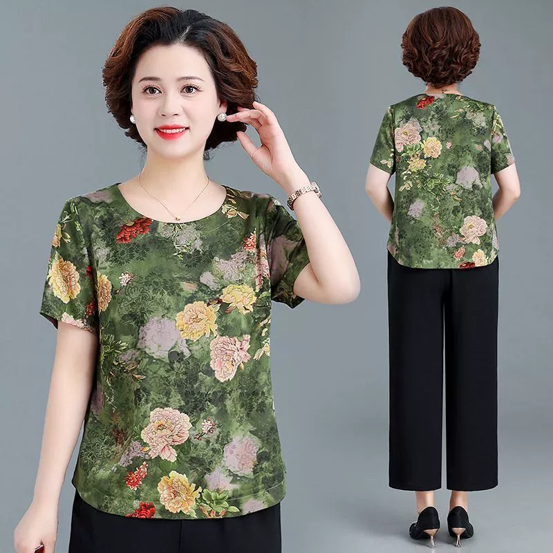 Silk summer clothing for mother, sleeves, summer set, with short sleeve, western style