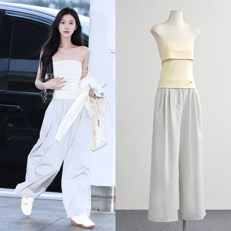 [in Stock] Tian Xivi Style Waist-Cinching Tight-Fitting Knit Tube Top + Casual Straight-Leg Pants Two-Piece Set for Women Summer