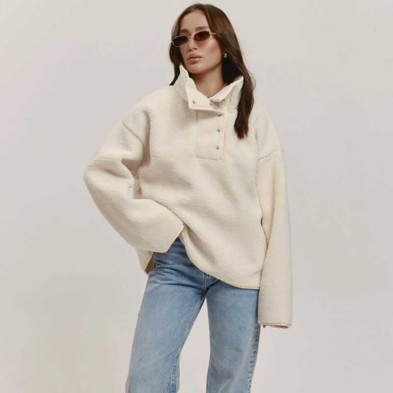 Solid Color High Neck Lambskin Coat European and American Women's 2024 Autumn and Winter New Style Sweatshirt All-match High-end Women's Top