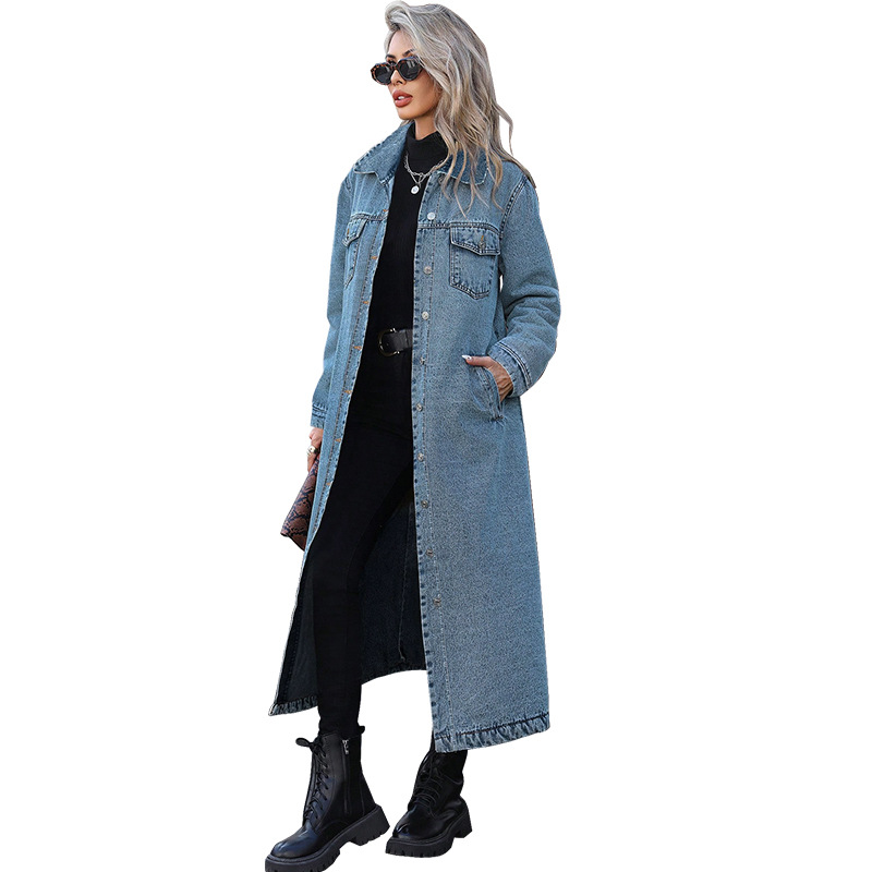 Elegant Long Denim Coat For Women, Mid Blue And Black Trench Style Jacket, Versatile Career Outerwear For Fall_ecoleips.com