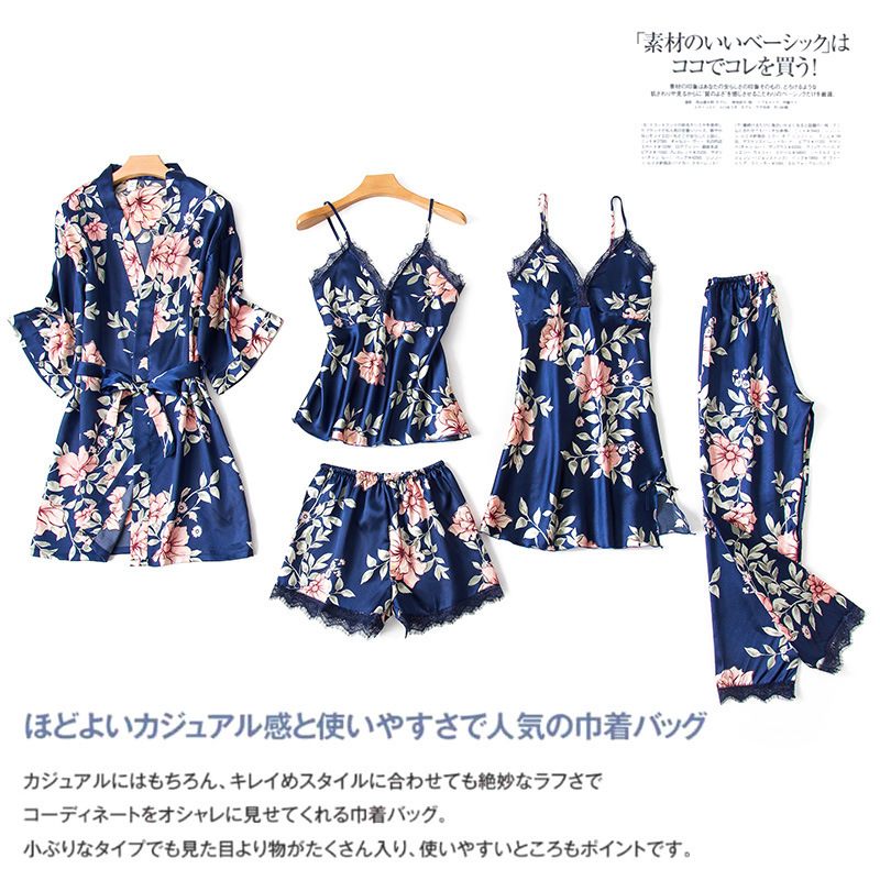 Pijamas de cinco piezas de primavera y otoño de las mujeres falda Liga sexy camisón de estilo japonés seda artificial dulce encaje ropa para el hogar