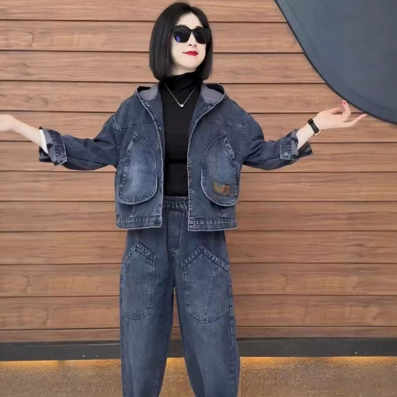 Denim Hooded Jacket Top and Harem Pants Two-Piece Suit Popular Spring and Autumn Outer Wear Casual Middle-Aged Mother's Wear