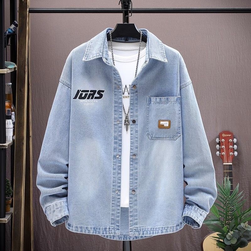 Teenagers' Spring and Autumn Denim Long-Sleeve Shirt, Student Korean Style Trendy Brand Japanese Shirt Jacket, Stylish Men's Jacket