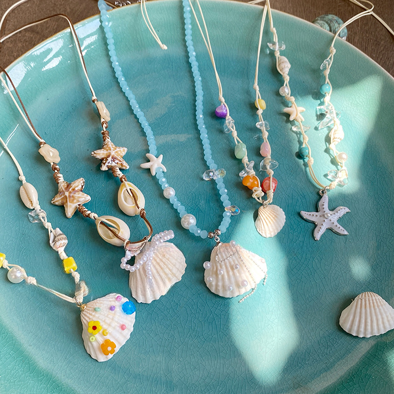 Cuerda de cera, estrella de mar, concha, colgante de perlas, collar, verano, vacaciones, cadena de clavícula, temperamento fresco y dulce