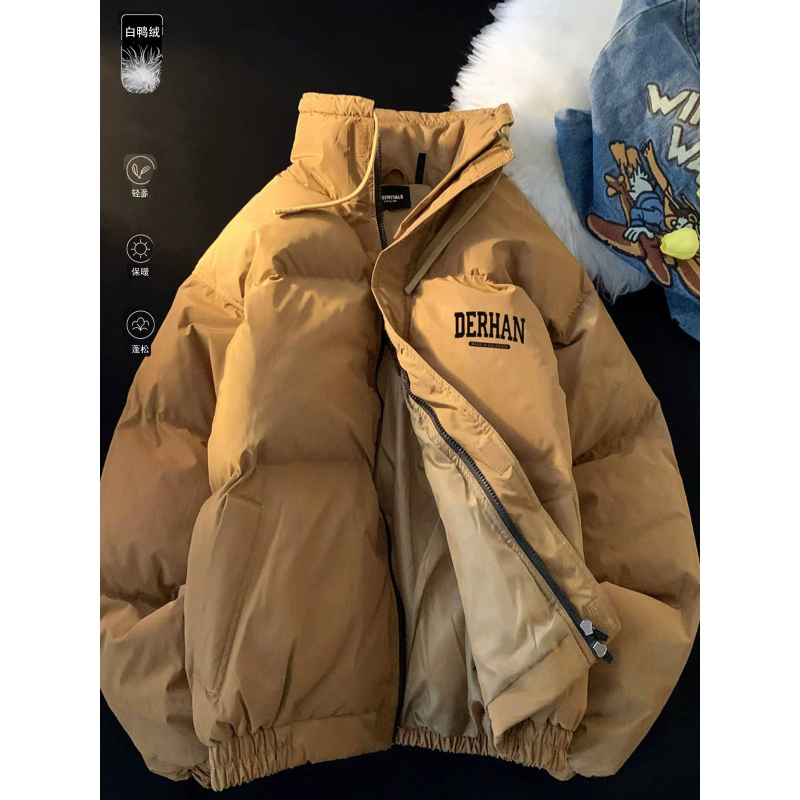 咖色无性别羽绒服男秋冬季轻薄字母印花加厚保暖立领无帽外套