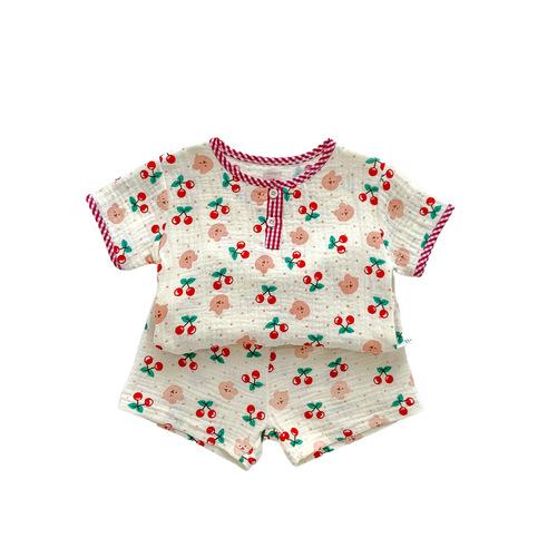 Korean style children's clothing for boys and girls, cartoon printed short-sleeved shorts set, baby summer thin home clothes two-piece set