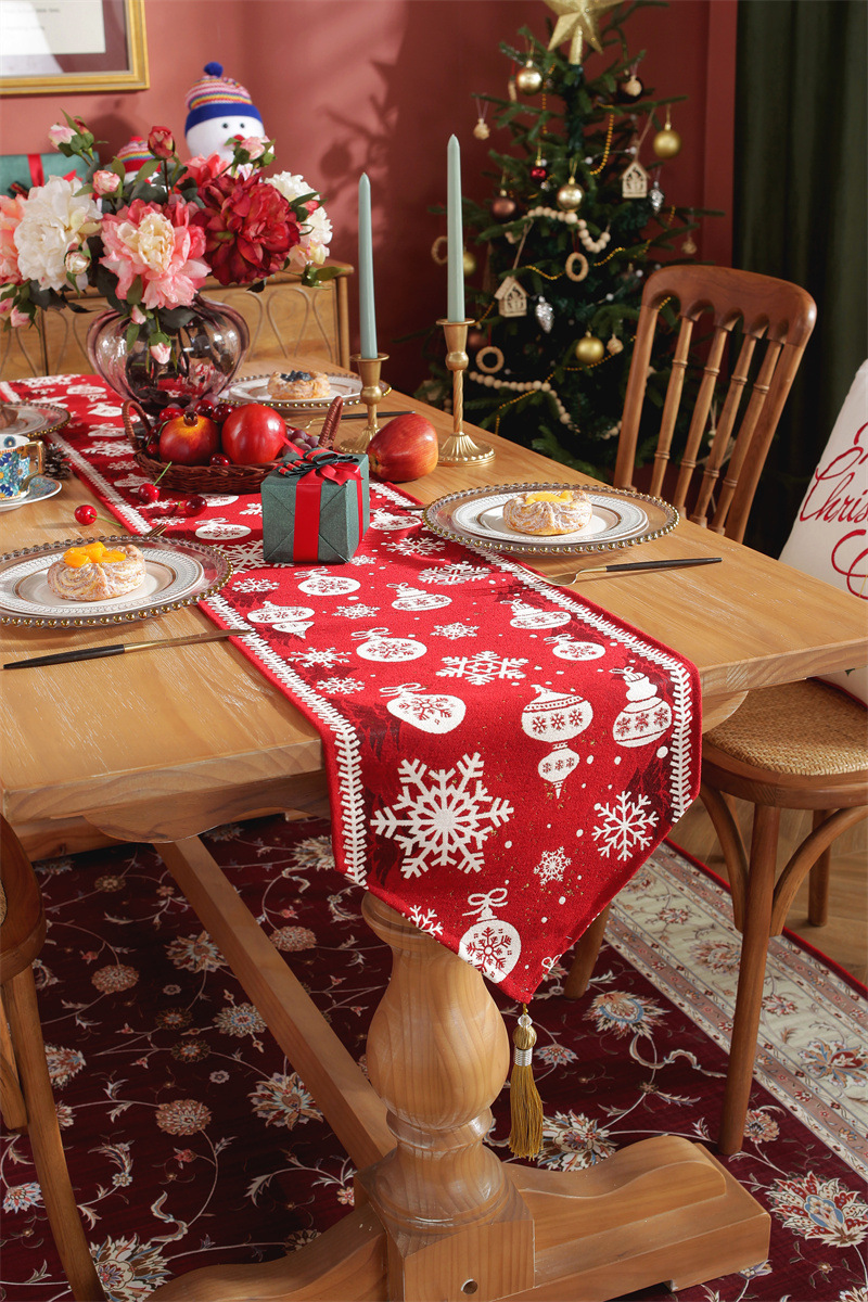 Drapeau de table de noël en jacquard teint en fil, flocon de neige, chapeau de noël, nappe à pampilles, décoration, couverture de drapeau de chevet_voghion.com