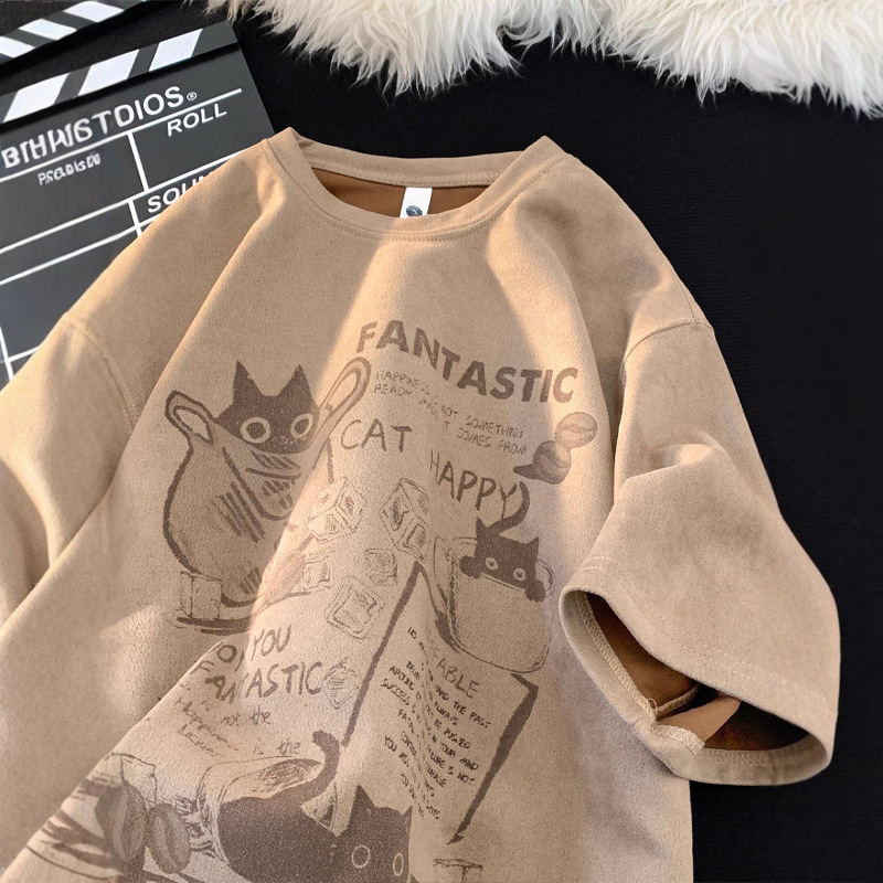 Casual Half-Sleeve Suede Creative Fun Print Cool Round Neck Short-Sleeve Men's Spring and Summer Thin Trendy Simple Style Casual Half-Sleeve Suede Creative Fun Print Cool Round Neck Short-Sleeve Men's Spring and Summer Thin Trendy Simple Style