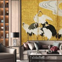民宿仙鹤图案酒店壁画壁纸墙布背景墙新中式原装进口金色轻奢