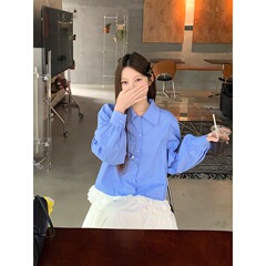 蓝色格子拼接花边衬衫女2025春夏复古宽松防晒衬衣设计感长袖上衣