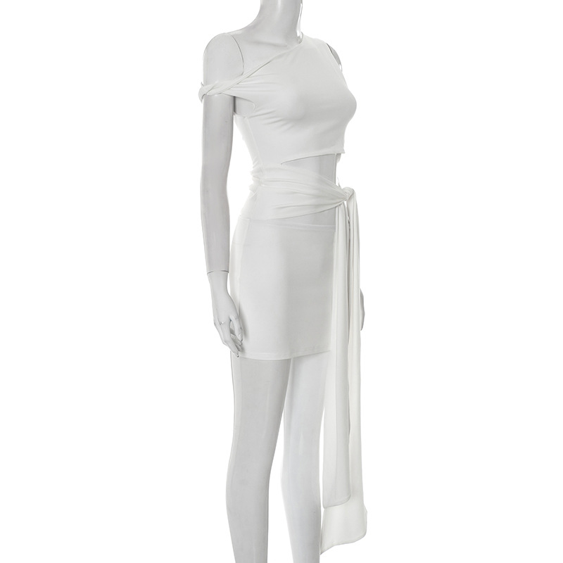 Women's Clothing European And American Style Women's Off-Shoulder Dress Summer Fashion Street Style Sleeveless Slim Fit Tie Waist Short Dress_ecoleips.com