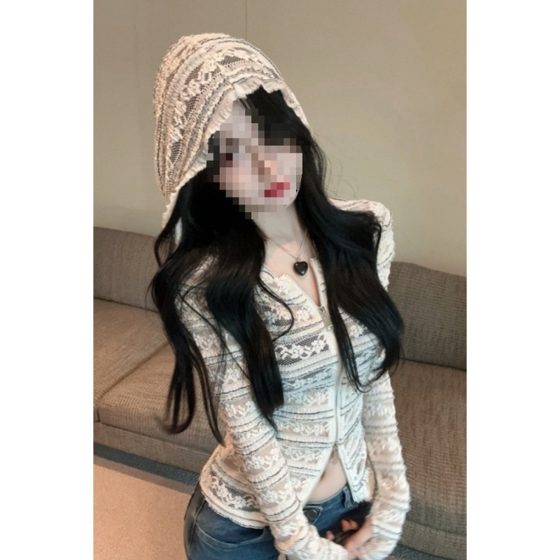 Three-Dimensional Striped Lace Crochet Hooded Cardigan for Women, Early Autumn New Stylish Fashionable Coat with Flared Sleeves and Waist-Cinching Top