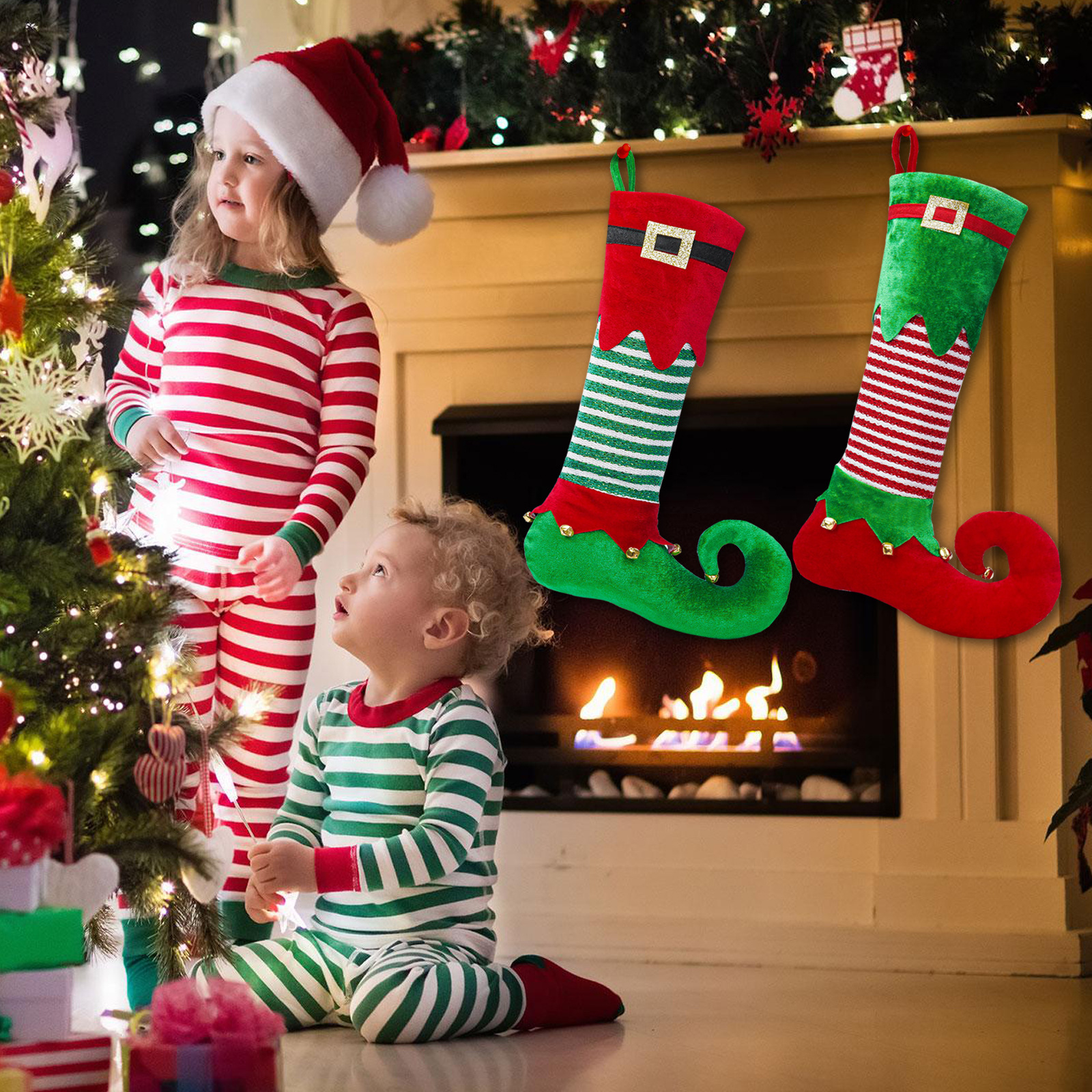 Nuevas decoraciones navideñas transfronterizas calcetines de navidad con campana elfo calcetines con letras regalo colgante de árbol de navidad