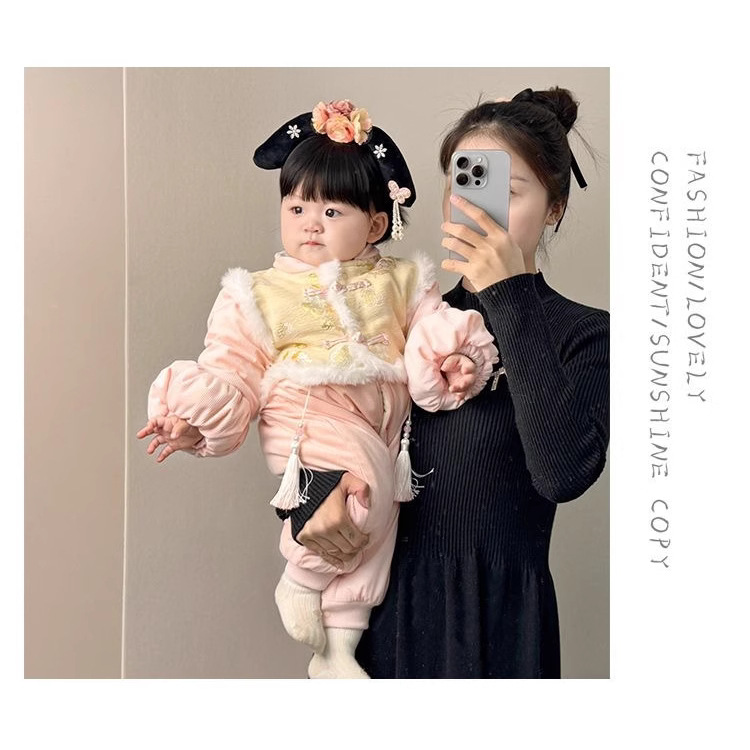 GUOFENG 점프 수트 기모 공주 귀여운 보름달 겨울 서양 스타일 외출 세트