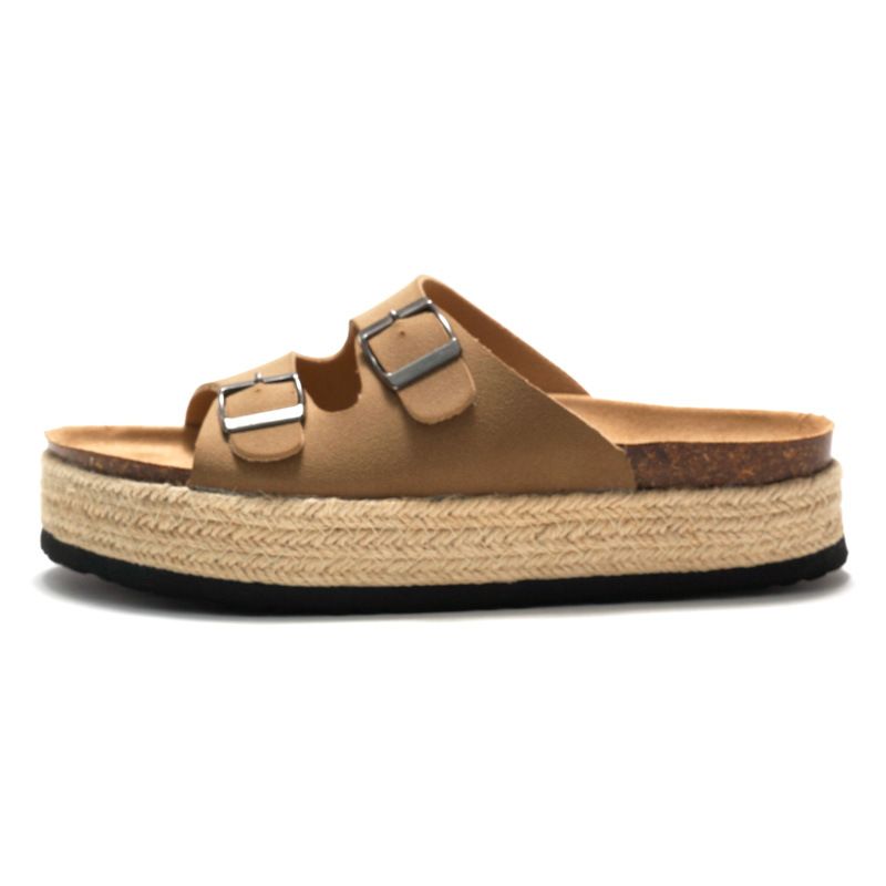 RUIZUSTOCK Été Nouvelles pantoufles en liège pour femmes Semelle épaisse Sandales de plage pour femmes Daim tissé Double boucle_voghion.com