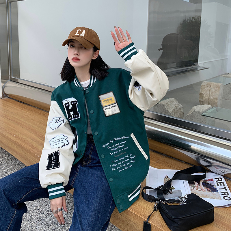 Spring and Autumn Women's Baseball Jacket with Pu Leather Sleeves, American Retro Style, Loose Fit, Plus Size, Trendy Varsity Jacket, Cross-Border