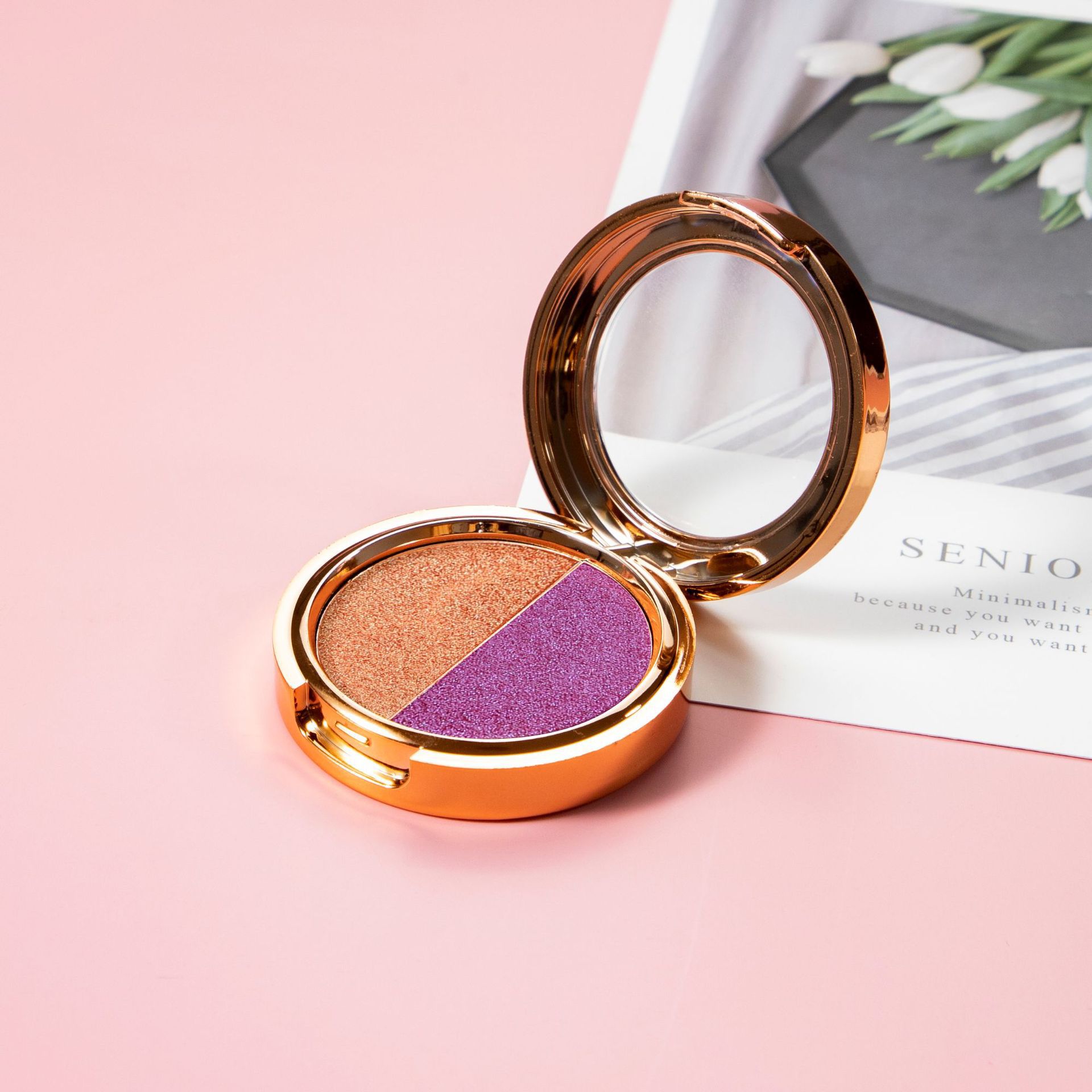 Maquillaje transfronterizo, sombra de ojos de dos colores, combinación de acabado nacarado en uno, paleta de sombras de ojos en polvo delicada y no voladora, multiusos