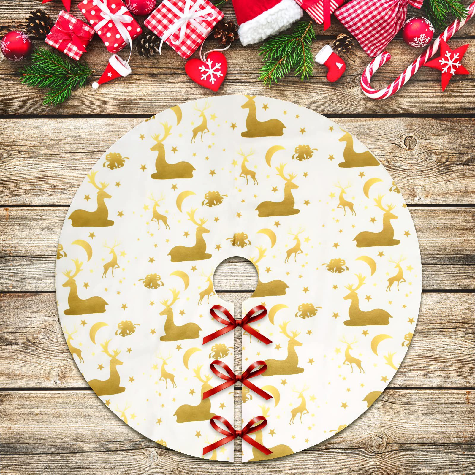 Falda de árbol de Navidad a rayas FIESTA DE Navidad copo de nieve Plaid pastel de azúcar impreso felpa corta árbol de Navidad diseño inferior