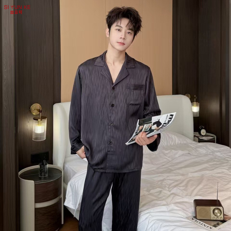 New Men's Pajamas, Spring and Autumn Ice Silk Long-Sleeved Trousers Set, High-End Satin Imitation Silk Home Clothes That Can Be Worn Outside