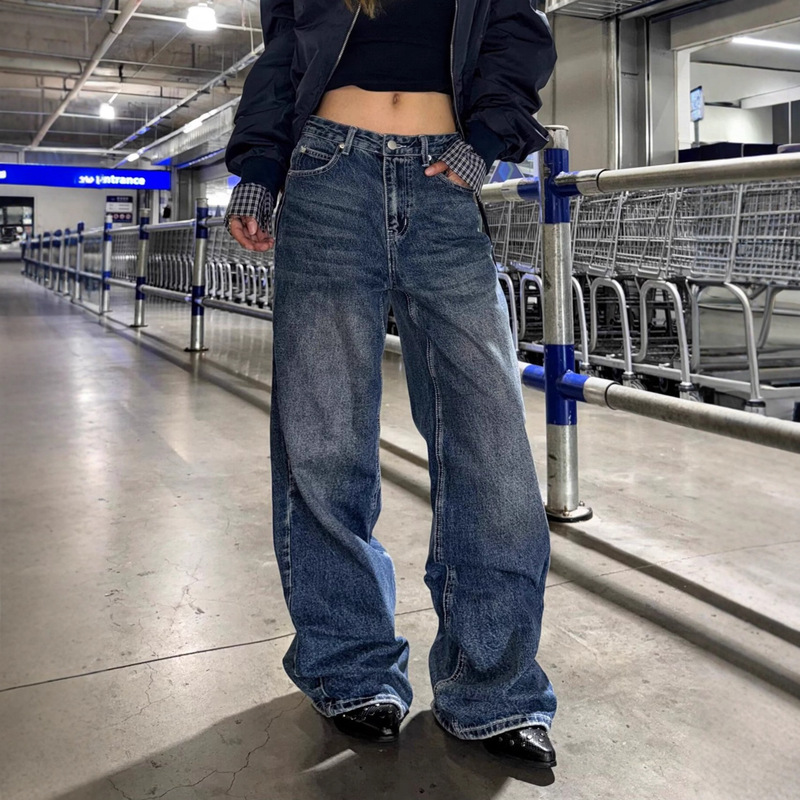 2026 Straight-Leg Magic Jeans with Split Seams, Washed and Distressed Denim, Loose Wide-Leg High-Waisted Pants for Women, Slimming Jeans