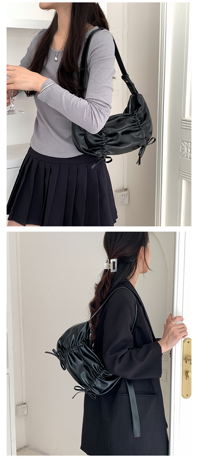 Versione coreana in morbida pelle plissettata 2024 nuovo fiocco tinta unita stile di nicchia alla moda spalla singola sotto le ascelle_voghion.com