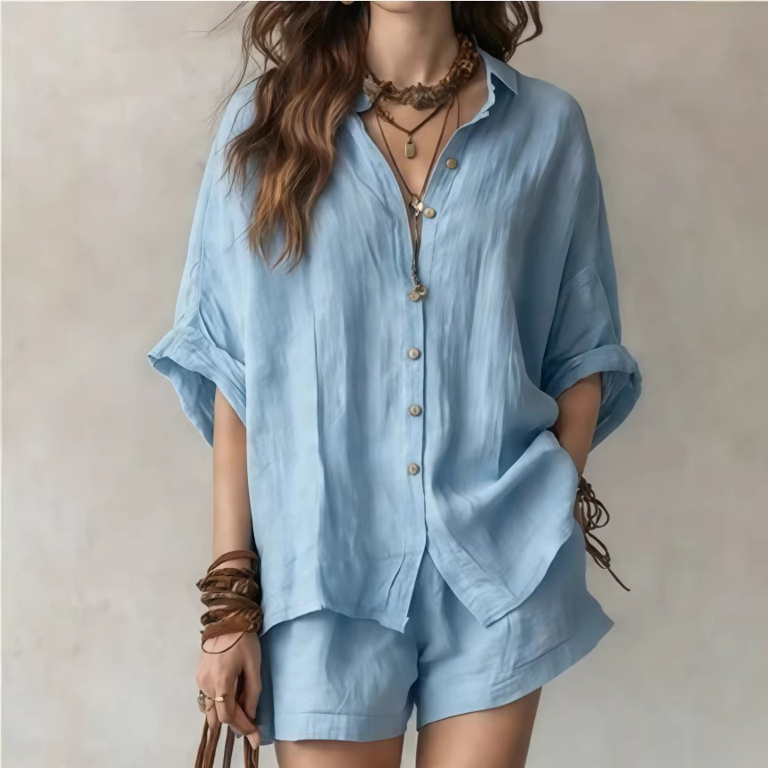 Women's Fashion Casual Suit Solid Color Loose Button Down Shirt And Shorts Spring/Summer New Style Clothing_ecoleips.com