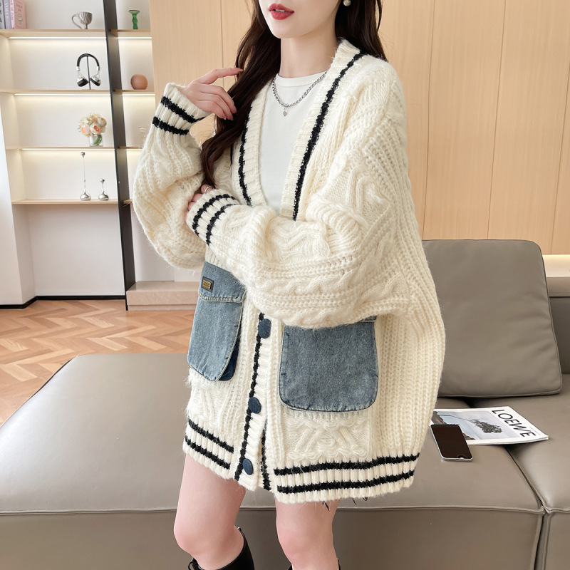 欧韩秋冬新款设计感美式复古嘻哈牛仔拼接针织外套女百搭毛衣开衫|undefined