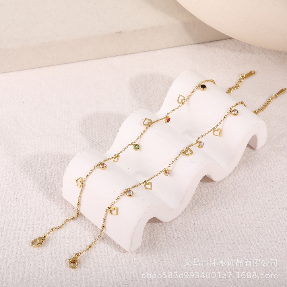 跨境多巴胺饰品热销不锈钢锆石空心爱心脚链女时尚性感个性风批发