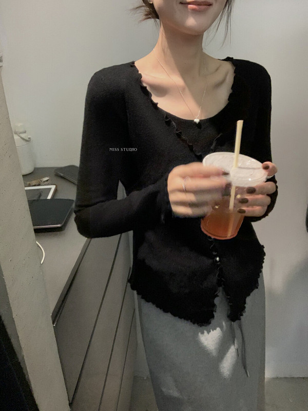 【MISS密思家】V领甜美简约波浪边假两件针织开衫女装A0833|undefined
