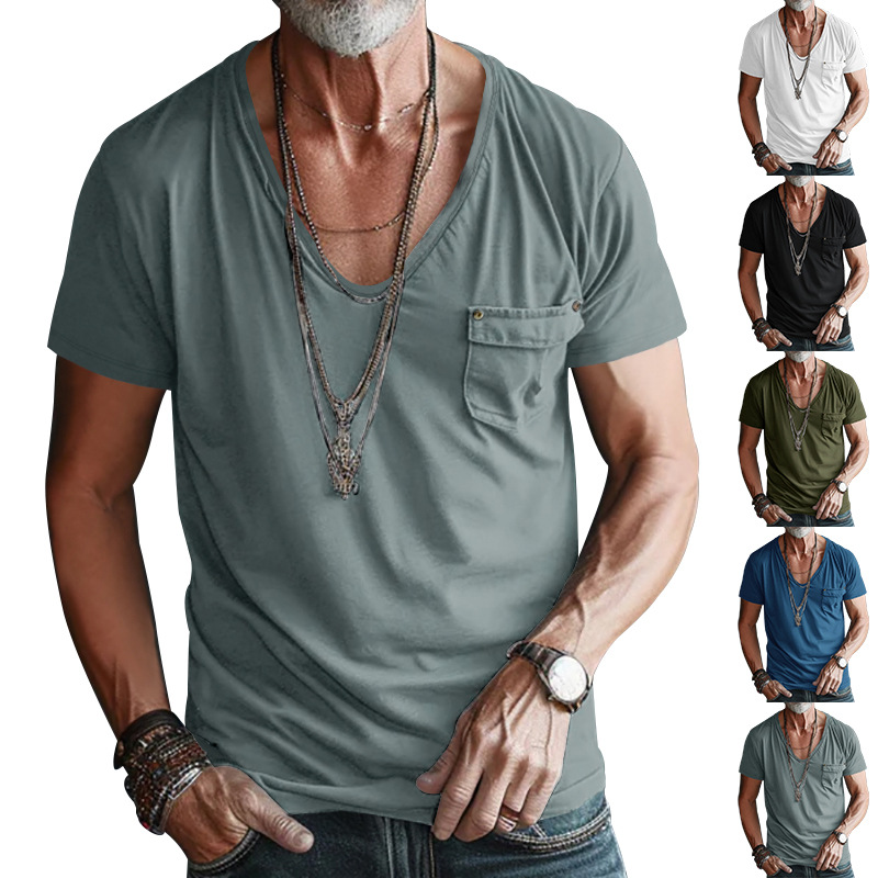 Cross-border Men's Pocket T-shirt Cross-border Clothing European and American Foreign Trade Men's V-neck Solid Color plus size Casual Short-sleeved T-shirt