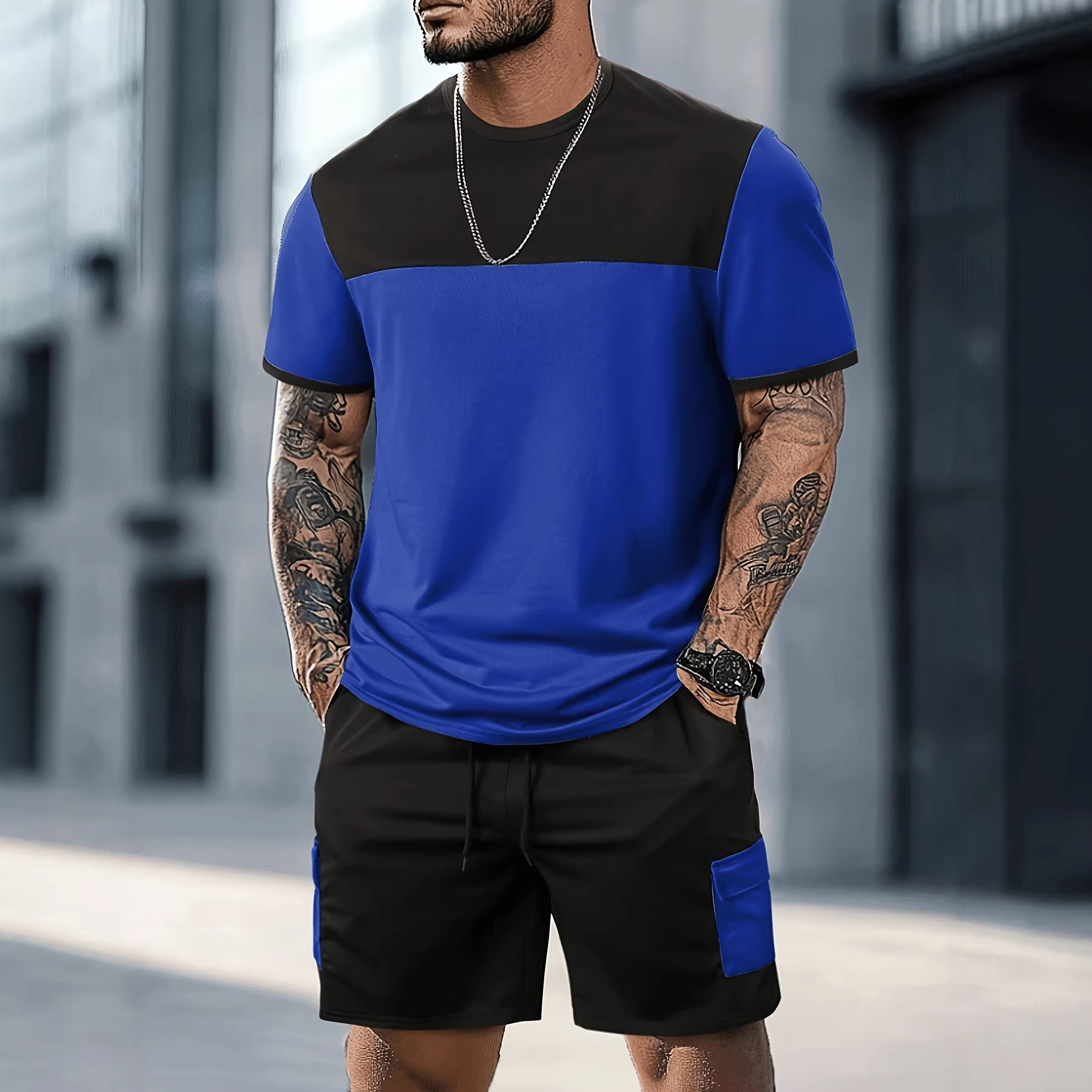 Men's Color Block Sports Suit American Style Casual Set Summer Short Sleeve Shorts For Men_viptrois.com
