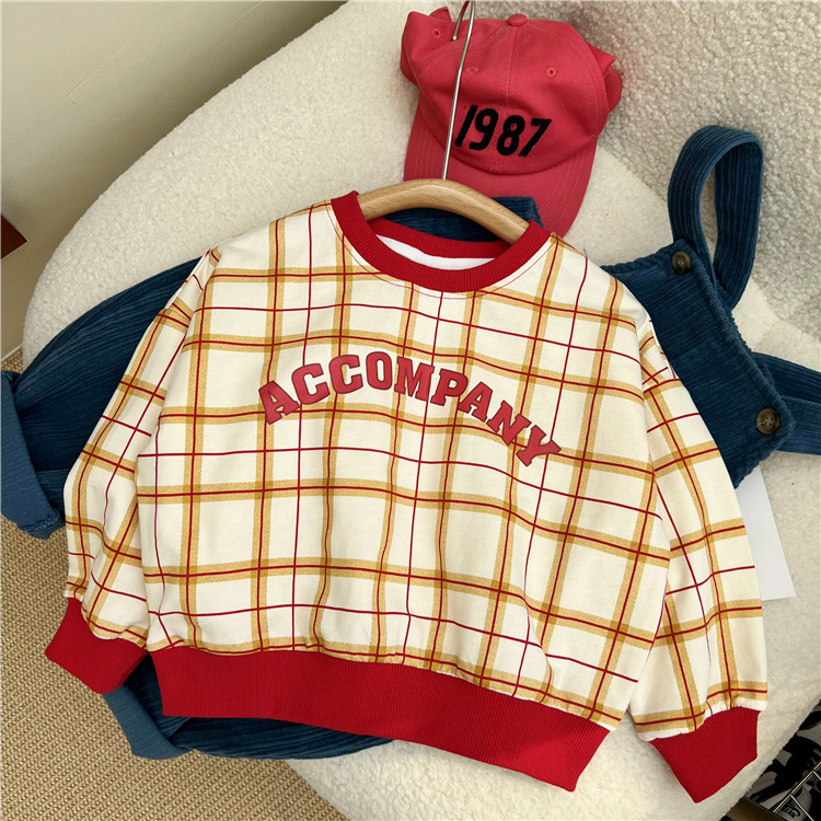 Felpa con cappuccio a quadri stampata per bambini 2024, un nuovo prodotto autunnale dalla Corea del Sud, con scollo rotondo dai colori vivaci_voghion.com