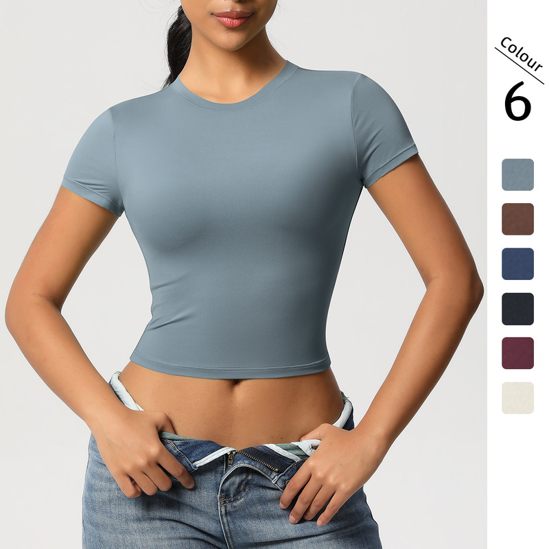 Cross-border Double-sided Nylon Casual Tight Quick-drying Pilates Top Yoga Clothing Short-sleeved Running Fitness Sports T-shirt