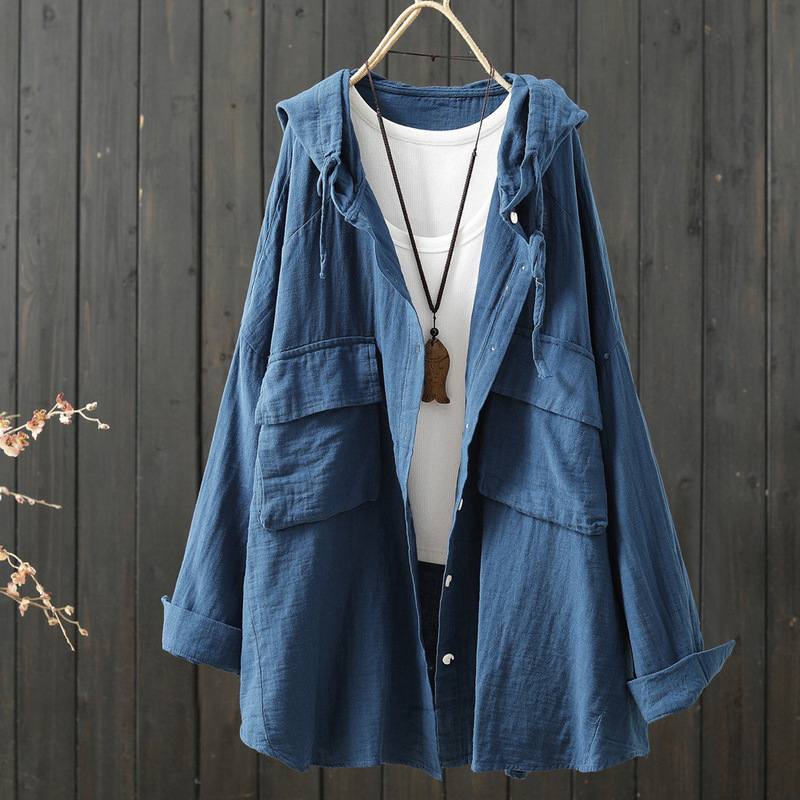 Large Pocket Double Layer Cotton Yarn Hooded Shirt Jacket Women's Loose plus size Manned Meat Covering Spring and Autumn Casual Mid-length Shirt