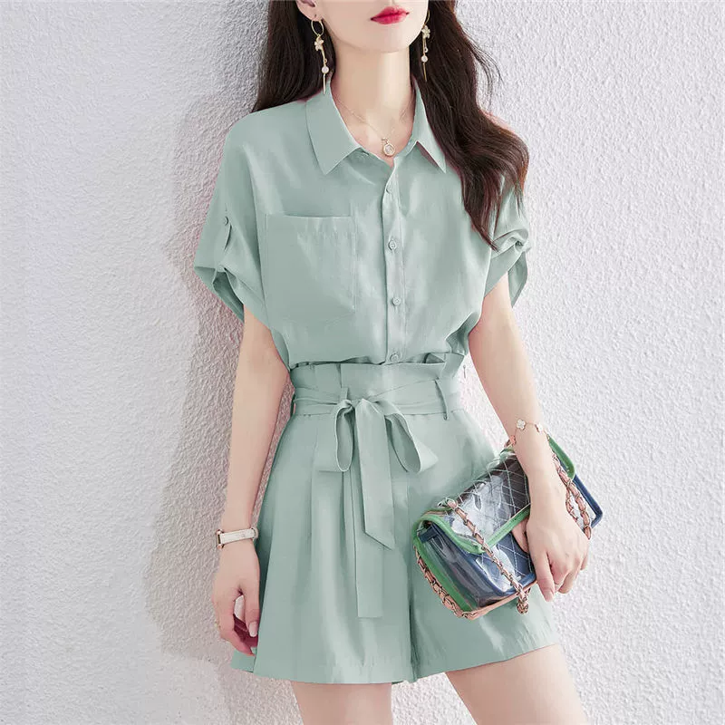 [Набор из двух частей] темпераментная рубашка с короткими рукавами женская свободная рубашка дизайн чувство высокой талии широкие шорты модный набор