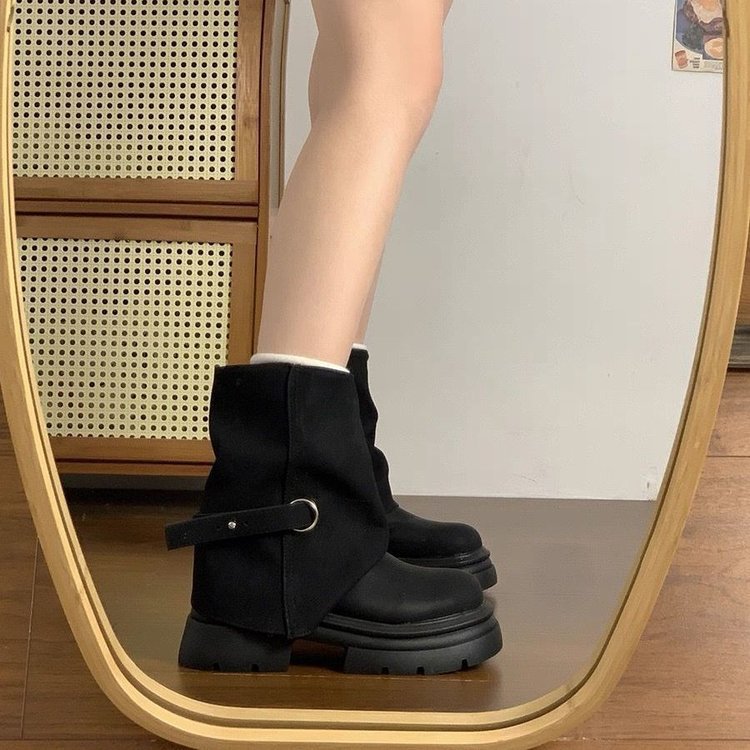 棕色复古短靴女2025秋冬高级感百搭马丁靴时尚百搭圆头增高中筒靴|undefined