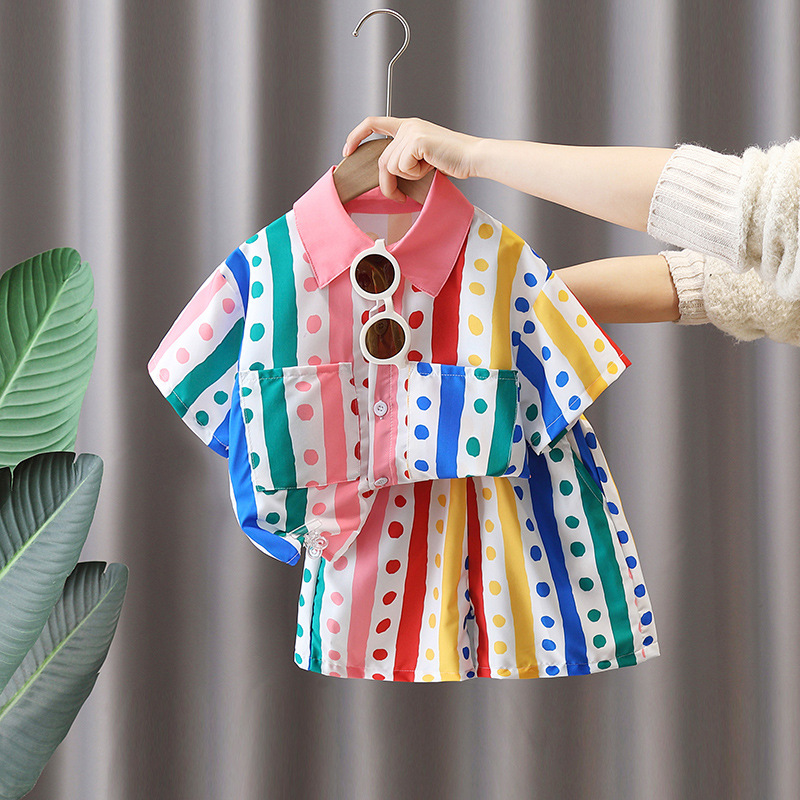 7114 Traje de camisa para niños 2025 verano nuevo estilo niño ropa de vacaciones bebé estilo occidental vestido de verano de manga corta